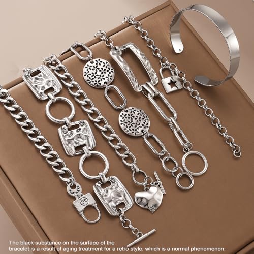 KISS WIFE Vintage Silver Bracelets Set for Women Men, OT Toggle Clasps Bracelet, Heart Lock Hollowed Prints Bangles Chunky Cuban Link Chain Charm Bracelet Pack Punk women's Jewelry2