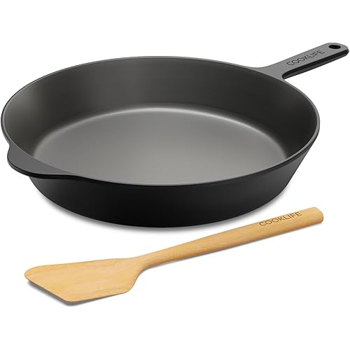 12 Inch Smooth Cast Iron Skillet with Wooden Spatula - Dishwasher & Oven Safe Pre-Seasoned Cast Iron Pan - Safe Cast Iron Frying Pan for Indoor & Outdoor Use