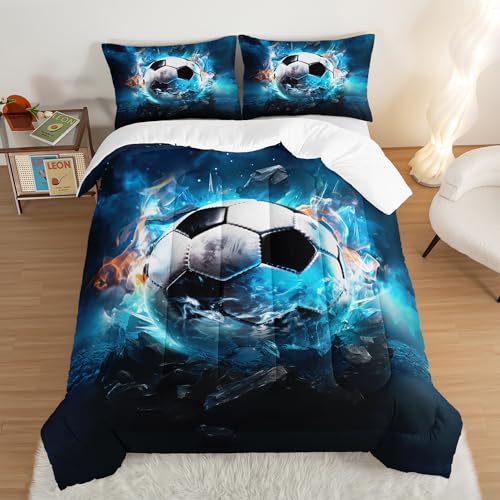 UEVBF Soccer Bedding Comforter Set Queen Size,Blue Football Flame Printing Ball Gamer Bedding Set,Sports Themed Room Decor for Teens Boys,Kids Comforter Sets Boys with 2 Pillowcases.