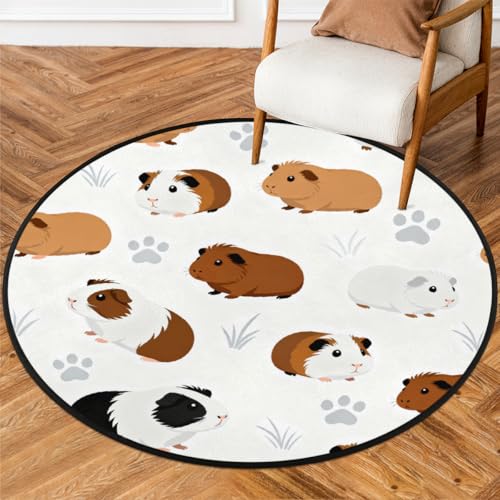 Tapis rond lavable 90 cm avec motif cochon d'Inde pour deco salon