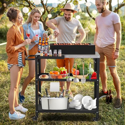 Image of Outdoor Grill Cart Table,Indoor and Outdoor Pizza Oven Table,with 4 Movable Total Lock Casters, Hooks, Side Handle Multifunctional (Black) (Stainless Steel)