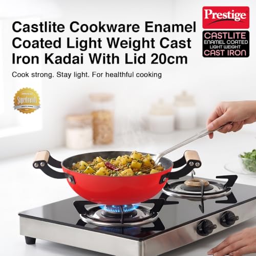 Image of Prestige Castlite Enamel Coated Cast Iron Kadai 20cm / 1.4L | Lightweight, High Heat Retention | Gas & Induction Compatible | Low-Oil Cooking | Stay-Cool Wooden Handles | Easy Clean | 15Y Warranty