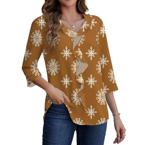 AKEWEI 3/4 Length Sleeve Womens Tops Dressy Casual Blouses Ruffle V Neck T Shirts Cute Curved Hem Tunic Tee Fashion 2026
