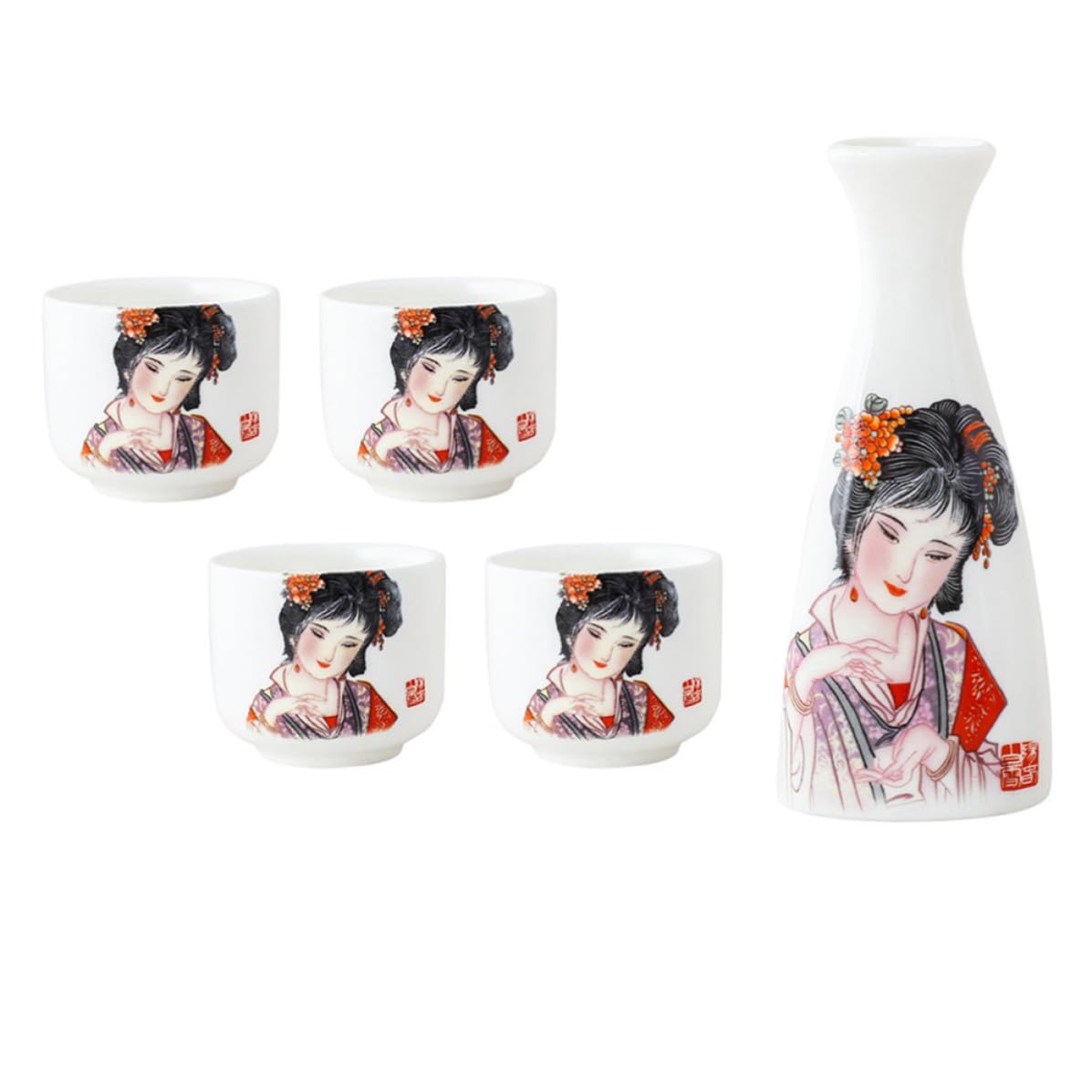Juego de sake con jarra y 4 copas de cerámica lisa para evitar derrames al servir