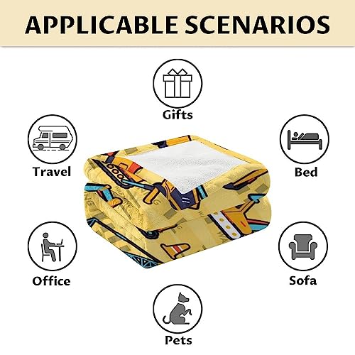 Construction Truck Blanket Gifts - 60x80 Inches Funny Throw Blanket for Boys & Kids - Yellow Soft Fuzzy Excavator Blankets for Bed, Couch & Living Room
