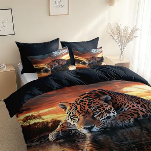 Dusk Sunset 3D Duvet Cover Toddler Jaguar Animal 3D Printed Bedding Set 3 Pcs Soft Microfiber Comforter Cover with 2 Pillowcase 40