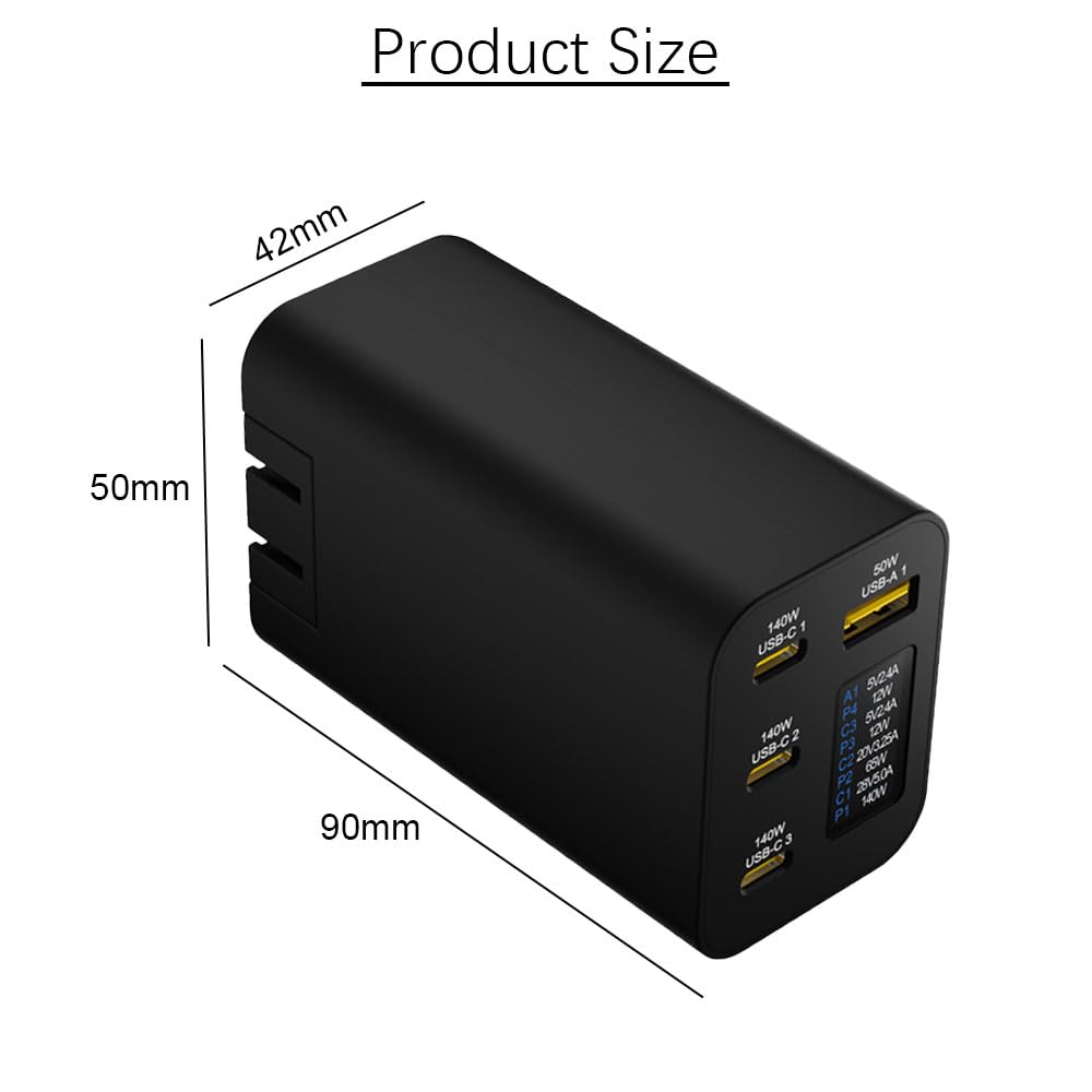 Chargeur Gan 280W avec écran OLED,4-Port GaN Type-C Adaptateur avec 3USB-C +1USB-A,PD 140W Chargeur Rapide,Chargeur Universel pour l'europe,Les États-Unis,l'Australie et Le Royaume-Uni（Noir）