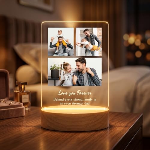 Image of Giftplease Fathers Day Personalized Rectangle Acrylic LED Frame - Custom 3 Photo Wood Stand Tabletop Showcase For Grandpa Birthday, Dad, Stepdad, Husband Anniversary Meaningful Family Keepsake