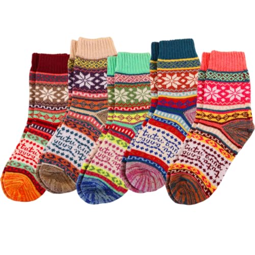 Women Wool Socks 5 Pair,Winter Warm Snowflake Sock,Warm Winter Socks,Soft Cotton Wool,Fuzzy Sock Gifts for Women Men,One Size