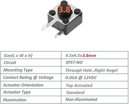 Interruptor táctil de 0.177 x 0.177 x 0.150 in, 3 pines, interruptor de botón pulsador, actuador lateral, orificio pasante, interruptor micro táctil