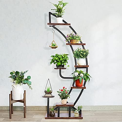 VIVOHOME 6 Tier 9 Potted Steel-Wood Plant Stand with Hanger, Curved Flower Pot Holder Shelf for Indoor, Rustic Brown