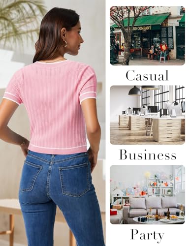 Image of DRESSTELLS Women Cardigan Sweater Summer 2025, V Neck Lightweight Button Down Shirt, Ribbed Cropped Casual Top
