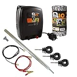 Ellofence - Juego básico completo de vallado para pastos con electrificador de vallado, cordón de vallado, postes y aislantes, extremadamente silencioso, de 230 V