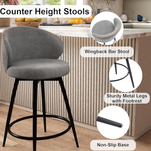 Image of 360 Swivel Modern Bar Stool Set of 3, 26 inch Upholstered Counter Height Bar Stools with Wingback, Soft Linen Fabric, Counter Chairs with Arm for Kitchen Island or Home Bar, Grey
