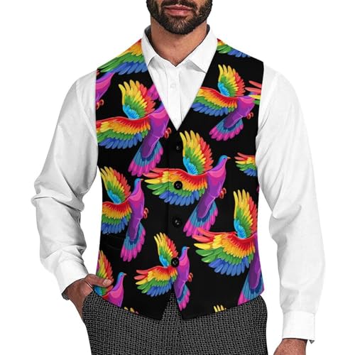 LGBT Rainbow Dove Men's Suit Vests Business Formal Dress V-Neck Waistcoat Tops with 2 Pockets
