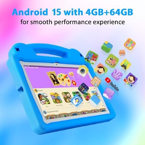 Image of Kids Tablet 10 Inch, Android 15 Tablet for Kids, A523 Octa-Core, 8GB+64GB, 1TB Expandable, WiFi 6 (2.4G+5G), EVA Case with Stand, Blue