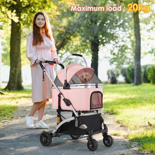MAMIZO Hundebuggy 3 in1 Hundewagen Hundebox Transporttasche,Faltbar klappbar Katzenwagen,Bis 20kg,4 PCS 360° Verschleißfeste Gummiräder, Ablagekorb, Getränkehalter,für kleine Hunde Katz, Rosa