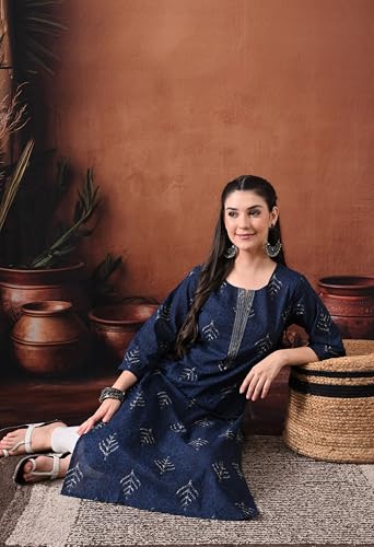 Image of Ichaa Women's Pure Cotton Embroidered Round-Neck Ethnic Kurta with 3 /4th Sleeve for Daily and Office Wear, in Plus Sizes