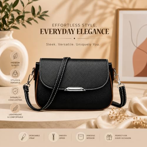 Image of SELECTION INDIA Women's Black Shoulder Bag | Premium PU Leather Handbag for Women | Spacious Everyday Purse for Work | College & Travel