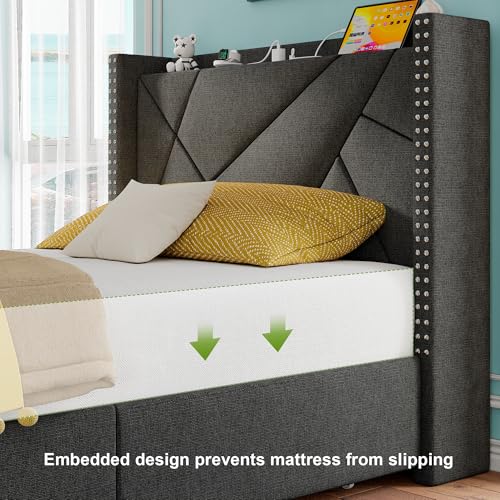 Feonase Upholstered Storage Bed Frame Twin Size with 4 Drawers, Platform Bed with Charging Station & Wingback Headboard, Solid Wood Slats Support, Dark Gray