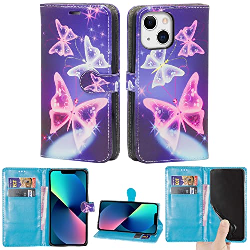 Mobile Stuff Case Compatible With iPhone 13 Leather Wallet Book Flip Folio Stand View Cover Magnetic Closure with Card Slots for iPhone 13 (6.1 Inch) (Butterfly Blue)