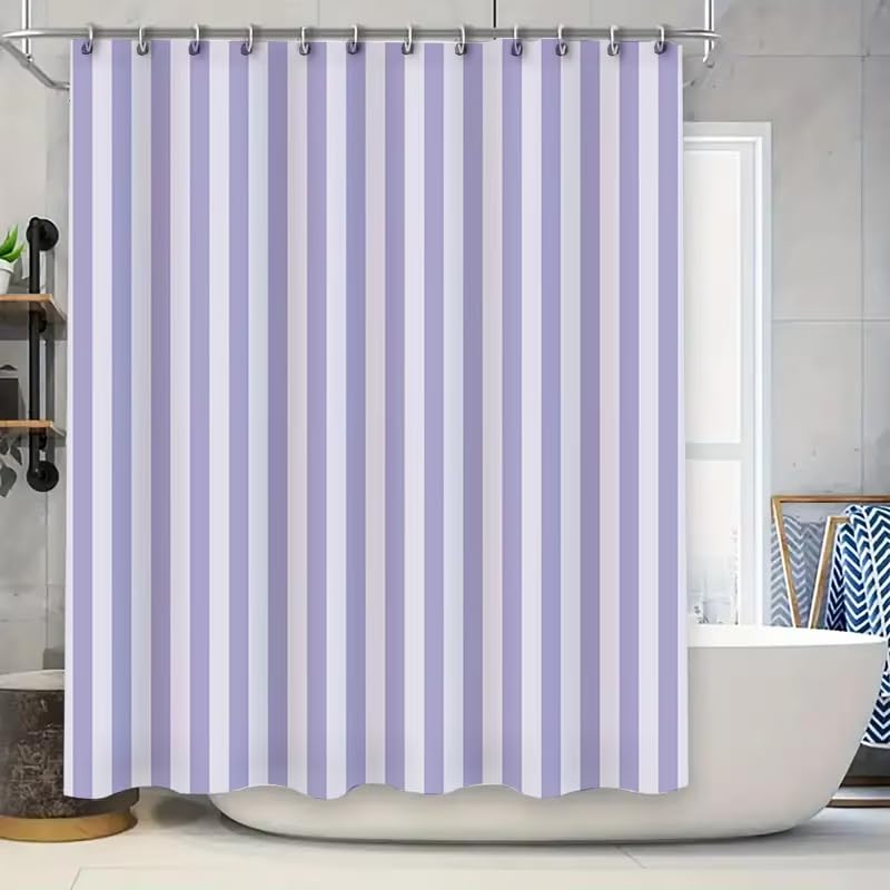 Rideau de douche moderne 240x150 cm violet lavande et blanc à rayures 3D et motif floral pour salle de bain