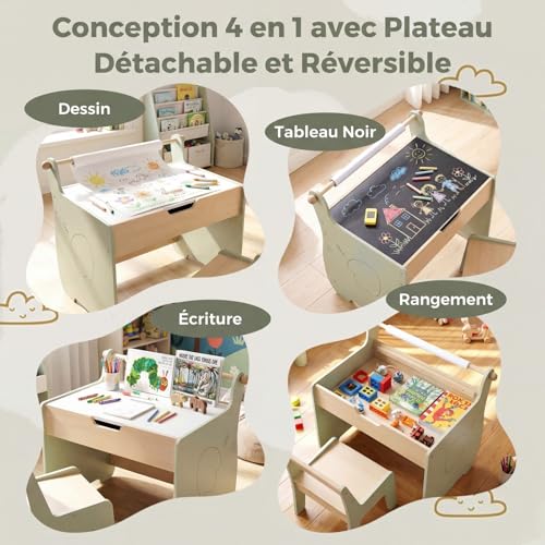 Table enfant 4 en 1 en bois avec chaise éléphant et tableau