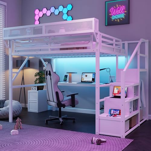 MoproBeti Queen Loft Bed with Desk and Stairs, Metal Lofts Bed Queen Size with Upper Storage Shelf, Gaming LoftBed with LED, Charging Station and Wardrobe for Teens, Adults,White