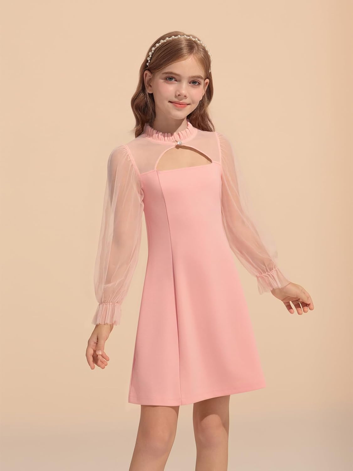 Haloumoning Girls Dresses Contrast Mesh Puff Long Sleeve Dress Kids High Waist A Line Wedding Party Dress 5-14Y - Image 2