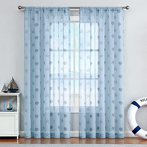 Jinchan Blue Seashell Starfish Pattern Sheer Curtains Nautical Beachhouse Coastal Cabin Living Room Darpes Window Sheers For Bedroom Beach Curtain Panels 96 Inch Summer 2 Panels #TOP1