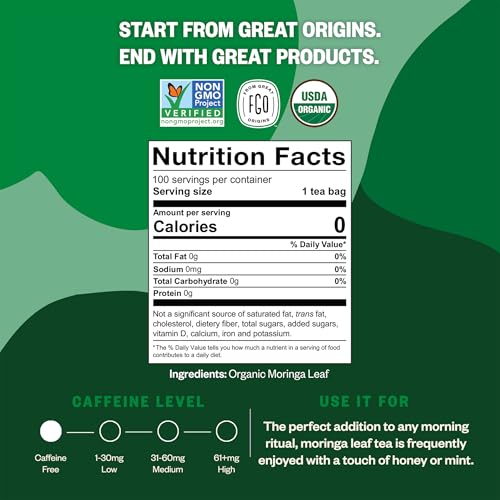 Image of FGO Organic Moringa Tea, 100 Count, Eco-Conscious Tea Bags, Resealable Bag, Caffeine Free, Packaging May Vary (Pack of 1)