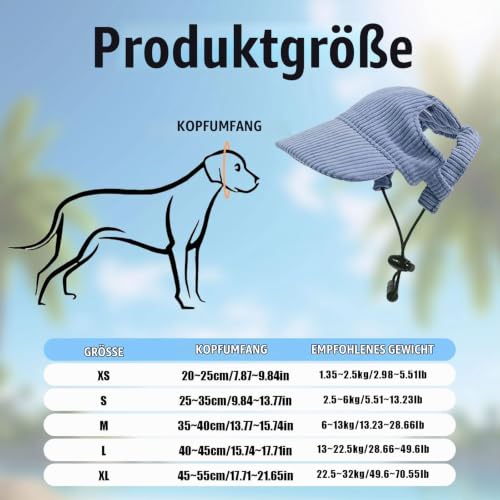 Hunde Baseballmütze, Verstellbar Sommer Sonnenschutz Hut Sonnenhüte mit Ohrlöchern, Haustier Sommer Hut für Welpen Hunde Mütze (Blau, S)