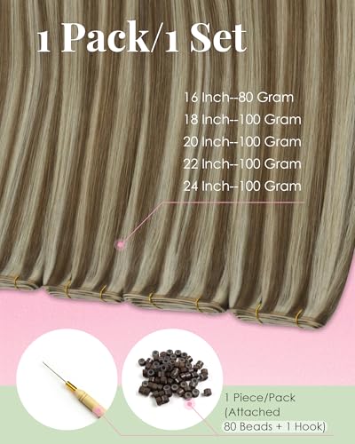 Image of YoungSee Butterfly Weft Hair Extensions Human Hair Highlights, 100g 20 Inch Seamless PU Hole Weft Hair Extensions, Light Brown Highlight Platinum Blonde, Butterfly Hair Extension for Fine Hair
