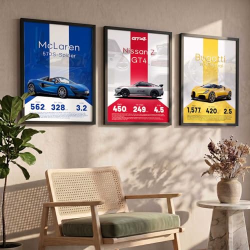 Image of walllane Big Nissan, McLaren, Bugatti Cars Framed Posters Gift Items for Boys Room Wall Decoration Bedroom Living Room Office Studio Decor | Car Poster Frame for Wall Decor Set Of 3 Size (13x17 inch)