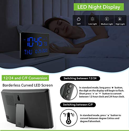 Kadams Large Led Digital Wall Clock, 10 Inches - Dual Alarm Clock - Indoor Temperature - Calendar Display - Adjustable Brightness - Night Display - Dual Mounting Options (Blue) #TOP4