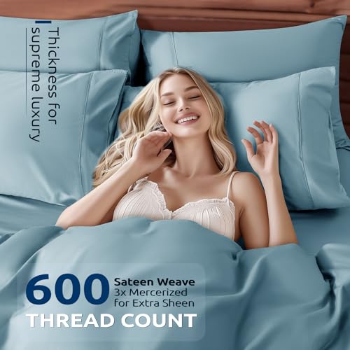 Shilucheng 100% Cotton Queen Size Duvet Covers - 600 Thread Count, Luxury Sateen Weave Egyptian Cotton Comforter Cover with Zipper Closure,Hotel Bedding Duvet Covers 3 Piece (French Blue)