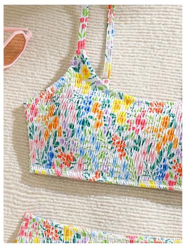 OYOANGLE Girl's Two Piece Floral Smocked Bikini Set High Waisted Bathing Suit Scoop Neck Beachwear3