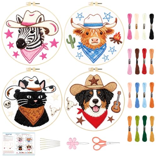 Image of BEUNITONE 4 Set Embroidery Kit for Beginners, Animal Cowboy Patterns Cross Stitch Kits, Needlepoint Kits for Adults with Hoop, Cute Hand Embroidery Patterns for Cloth and Home Decor