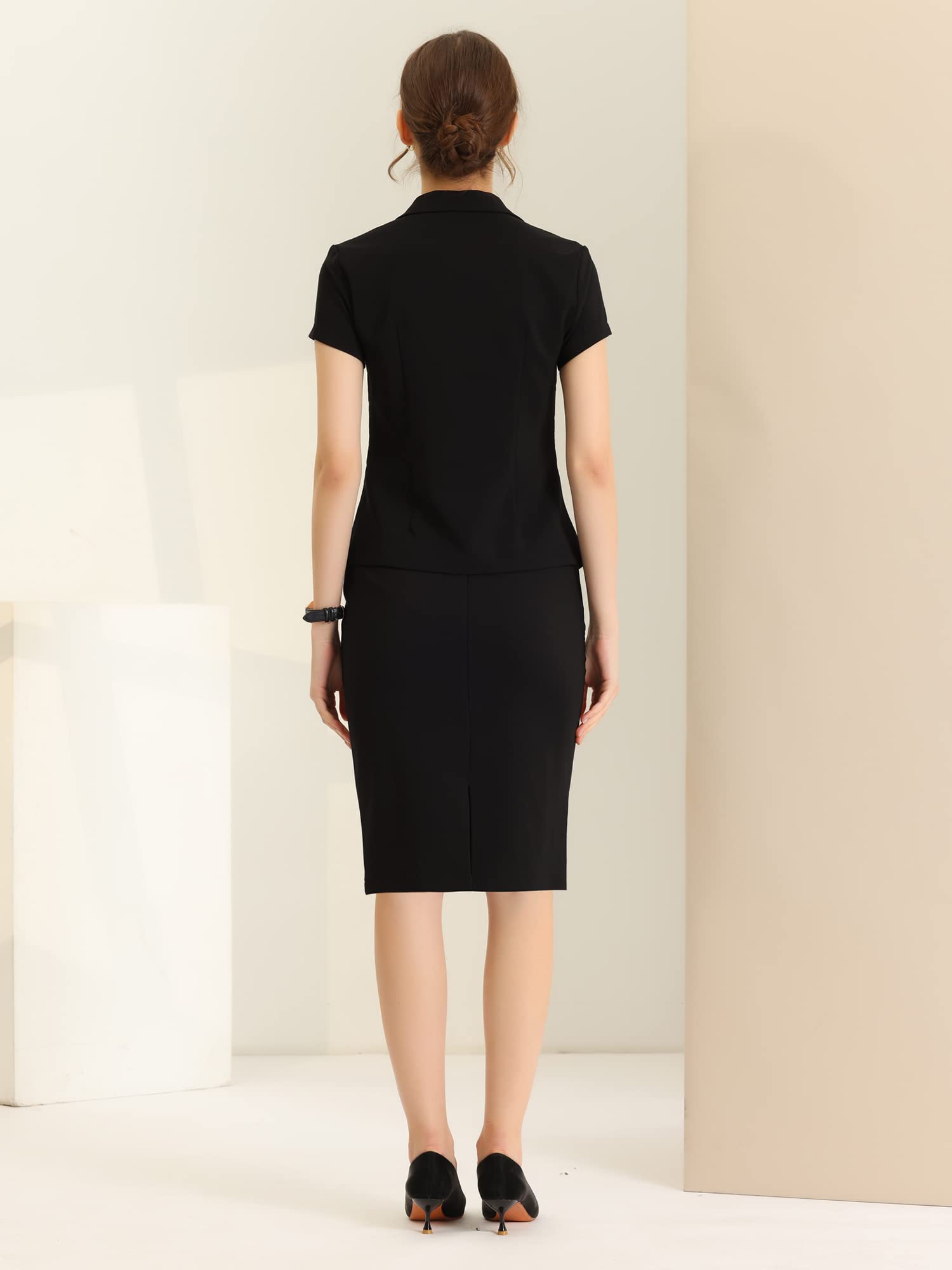 Allegra K Women's Business 2 Piece Suit Set Short Sleeve Blazer Jacket Pencil Skirt