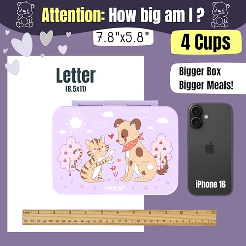Image of BEARFOOT Kids Lunch Box with Compartments - Compact & Lightweight | Leak-Proof, BPA-Free, Dishwasher Safe | Hand-Drawn Design for Preschool, School, Travel (Dog & Cat Purple, 4 Cups)