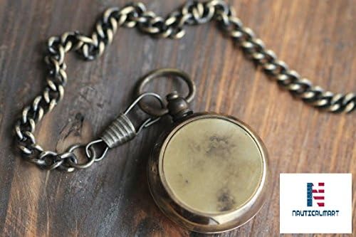 NauticalMart Open Face Small Brass Pocket Compass Necklace, Engravable Compass with Leather Case
