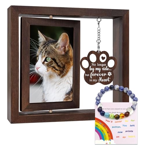 LIFLARMED Cat Memorial Gifts for Loss of Cat - Loss of Cats Sympathy Gift, Pet Memorial Gifts for Cats, In Loving Memory Gift, Rotating Wooden Cat Picture Frame for 4x6 Photo