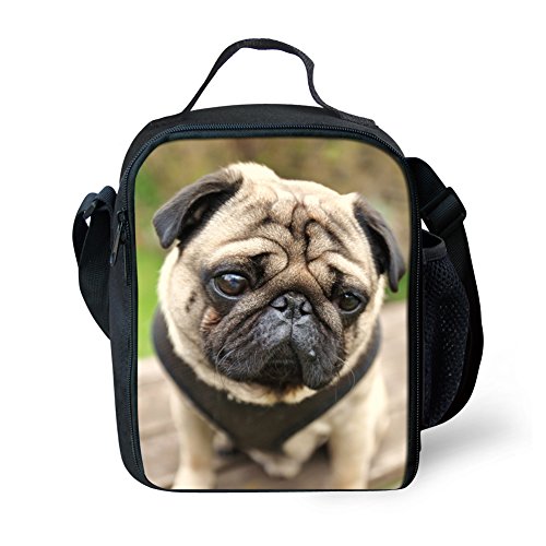 Summeridea Adorable Pug Dog Printed Kids Lunch Bag Insulated Children Lunchbag Cooler Box Thermal Lunchbox Tote with Water Bottle