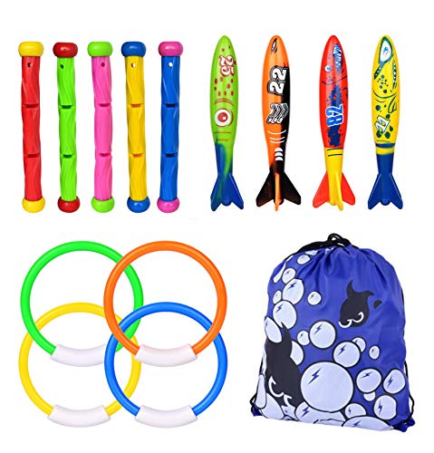 Xndryan Diving Pool Toys Sinkies for Kids Swimming Underwater Diving Toys Set Includes 5 Pcs Diving Sticks 4 Pcs Torpedo Bandits 4 Pcs Diving Rings Fun Swimming Toys for Pool