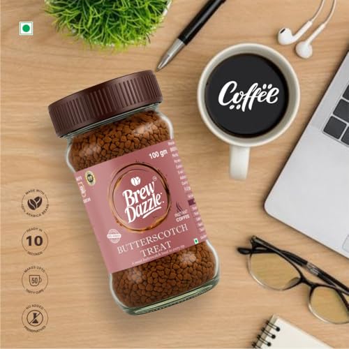 Image of BREW DAZZLE Butterscotch Coffee | Instant Coffee | Rich Flavour Taste & Strong Natural Delightful Coffee Granules | Hot & Cold Coffee Butterscotch Treat | 100% Arabica (100g)