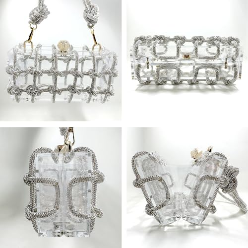 Image of Rhinestone Acrylic Clutch Sparkly Silver Evening Bag, Clear Purse with Bling Rope Perfect for Bridal Prom Club