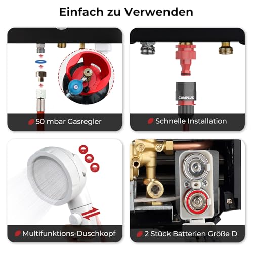 CAMPLUX 10 Liter Gasdurchlauferhitzer mit Wasserpumpe BW264BCP120-DE, Tankless Outdoor Gasdusche für Pferd Waschen/Camping/RV Reise, 50mbar, LPG