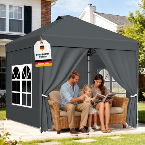 Tonnelle de Jardin 2.5x2.5m,Tente Pliante de Exterieur avec 4 Côtés、Sac de Transport,Tonnelle Pliante Imperméable,Anti UV,Hauteur Réglable,Tente de...