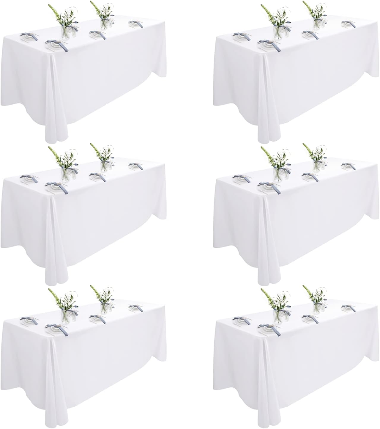 6 Pack White Tablecloths for Rectangle Tables 90X132 Inch, Wrinkle Resistant Polyester Table Cloth for 8 Foot Table, Great for Wedding Banquet Restaurant/Parties/Baby Shower