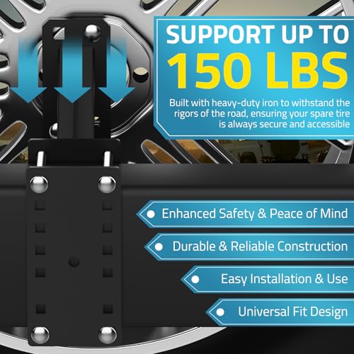 Image of PAULINN Trailer Spare Tire Mount w / Anti-Theft Rope, Universal Spare Tire Carrier Holder for Utility Trailer Boat, Fits 4 / 5 / 6 Lugs Wheels on 4 inch, 4.5'', 4.75'', 5'' & 5.5'' Bolt Patterns, 150 LBS